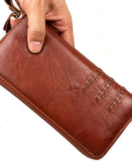 Leather men clutch brown vintage red brown zip clutch men long wallet purse clutch