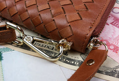 Handmade leather men modern brown coffee weave zip clutch men long wallet purse