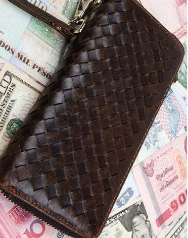 Handmade leather men modern brown coffee weave zip clutch men long wallet purse - EverHandmade