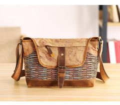 Country Style Canvas Leather 14'' Womens Small Side Bag Shoulder Bag Messenger Bag for Men
