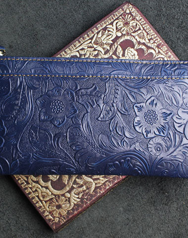 Handmade long leather wallet zipper flowral leather clutch wallet for men women - EverHandmade