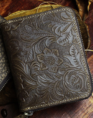Handmade billfold leather wallet flowral leather Zipper wallet for men women - EverHandmade