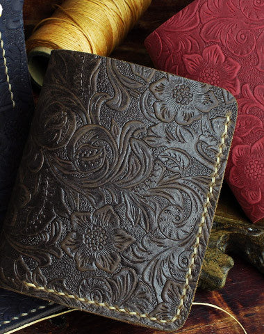 Handmade small leather wallet flowral leather billfold wallet for men women - EverHandmade