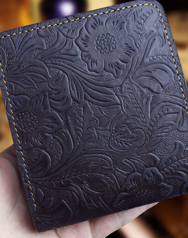 Handmade billfold leather wallet flowral leather billfold wallet for men women - EverHandmade