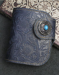 Handmade billfold Bifold Leather Wallet Floral Leather Botton billfold Wallet For Men Women - EverHandmade