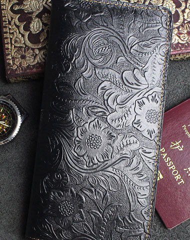 Handmade long leather wallet floral passport leather clutch wallet for women men zip - EverHandmade