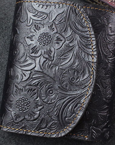Handmade billfold trifold leather wallet flowral leather billfold wallet for men women - EverHandmade