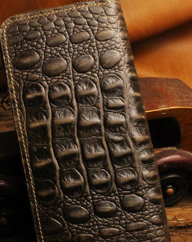 Handmade long leather wallets crocodile zipper leather clutch wallets for men