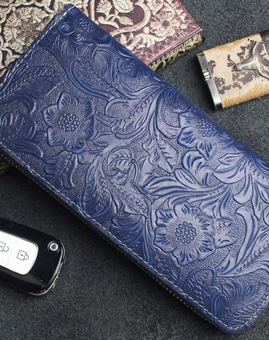 Handmade long leather wallets floral Zipper leather clutch wallet for women men - EverHandmade