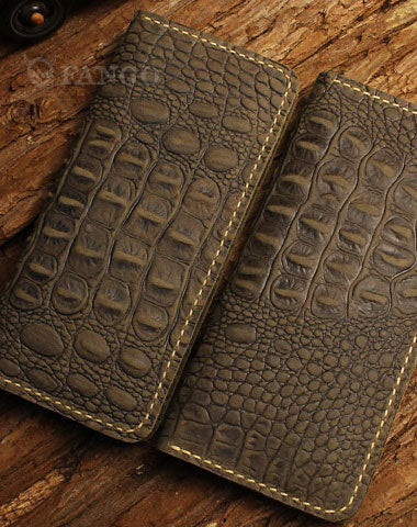 Handmade long leather wallet crocodile zipper leather clutch wallet for men
