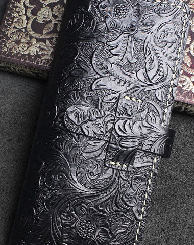 Handmade long leather wallet floral leather clutch wallet for women men zip - EverHandmade