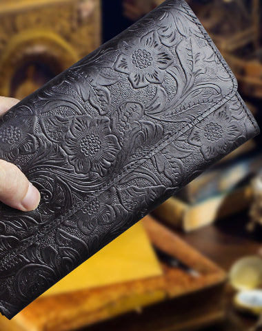 Handmade long leather wallet trifold flowral leather clutch wallet for men women - EverHandmade