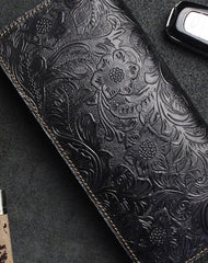 Handmade Long Leather Wallet Bifold Floral Leather Clutch Magnetic Button Wallet For Men Women - EverHandmade