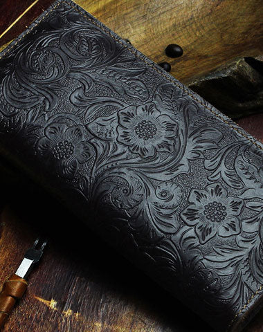 Handmade Long Leather Wallet Bifold Floral Leather Clutch Wallet For Men Women - EverHandmade