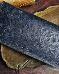Handmade Long Leather Wallet Floral Bifold Leather Purse Wallet Clutch For Men Women - EverHandmade