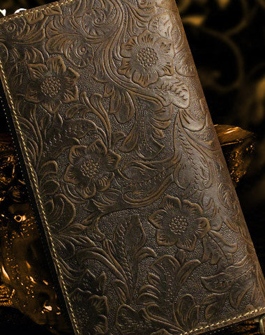 Handmade long leather wallet floral leather clutch wallets for women men zip - EverHandmade