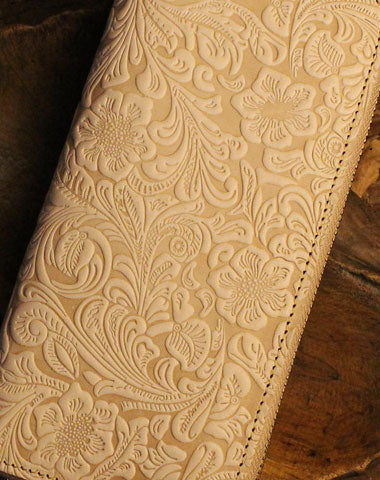 Handmade long leather wallet floral leather clutch wallet for women men zipper - EverHandmade