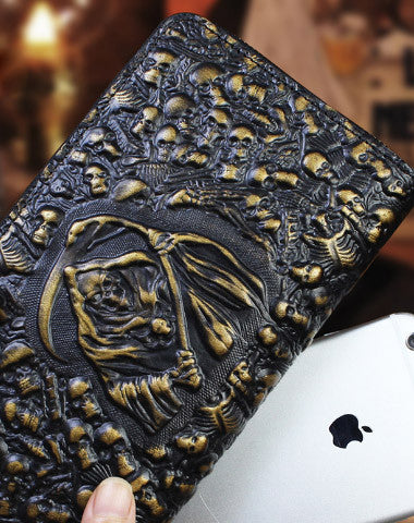Handmade zip long wallet leather men skull death clutch phone wallet for men - EverHandmade