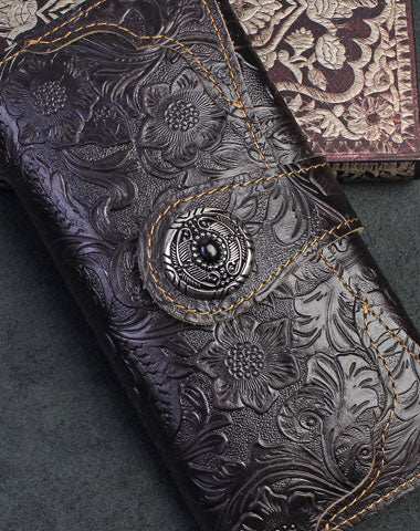 Handmade Long Leather Wallet Bifold Button Carved Floral Leather Clutch Wallet For Men Women - EverHandmade