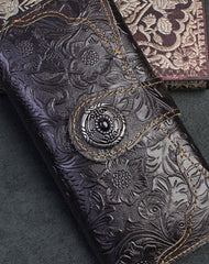 Handmade Long Leather Wallet Bifold Button Carved Floral Leather Clutch Wallet For Men Women - EverHandmade