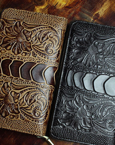 Handmade Long Leather Wallet Crocodile Style Leather Zipper Clutch Wallet For Men Women - EverHandmade