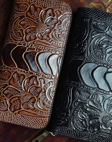 Handmade Long Leather Wallet Crocodile Style Leather Zipper Clutch Wallet For Men Women - EverHandmade