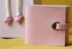 Handmade pink vintage leather billfold ID card photo holder bifold wallet for women girl - EverHandmade
