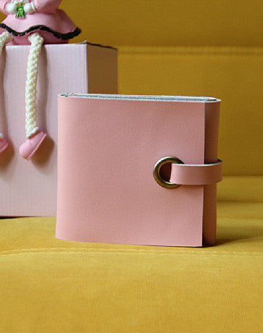 Handmade pink vintage leather billfold ID card photo holder bifold wallet for women girl - EverHandmade