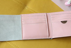 Handmade pink vintage leather billfold ID card photo holder bifold wallet for women girl - EverHandmade
