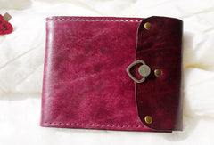 Handmade pink vintage leather billfold ID card photo holder bifold wallet for women girl - EverHandmade