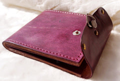 Handmade pink vintage leather billfold ID card photo holder bifold wallet for women girl - EverHandmade