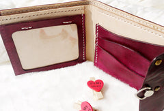 Handmade pink vintage leather billfold ID card photo holder bifold wallet for women girl