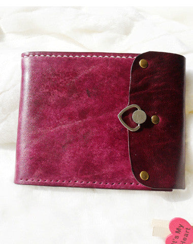 Handmade pink vintage leather billfold ID card photo holder bifold wallet for women girl - EverHandmade
