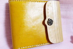 Handmade yellow vintage leather billfold ID card photo holder bifold wallet for women girl