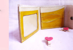 Handmade yellow vintage leather billfold ID card photo holder bifold wallet for women girl