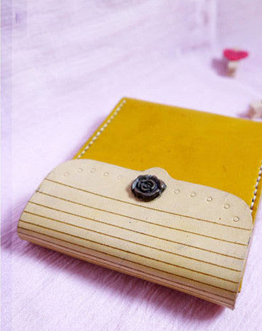 Handmade yellow vintage leather billfold ID card photo holder bifold wallet for women girl - EverHandmade