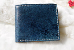 Handmade blue vintage leather billfold ID card photo holder bifold wallet for women girl - EverHandmade