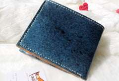 Handmade blue vintage leather billfold ID card photo holder bifold wallet for women girl - EverHandmade