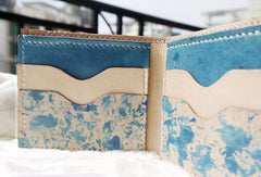 Handmade blue vintage leather billfold ID card photo holder bifold wallet for women girl - EverHandmade