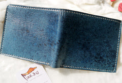 Handmade blue vintage leather billfold ID card photo holder bifold wallet for women girl - EverHandmade