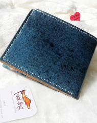 Handmade blue vintage leather billfold ID card photo holder bifold wallet for women girl
