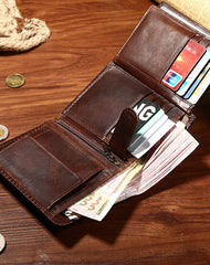 Leather Mens Small Wallet Slim Trifold Vintage Wallet for Mens