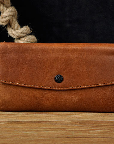 Leather Long Wallet for Men Trifold Brown Wallet