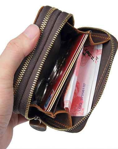 Vintage Leather Mens Small Key Wallet Zipper Card Wallet for Men