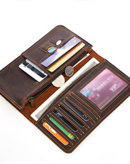 Vintage Leather Long Wallet for Men Bifold Coffee Wallet