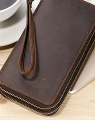 LEATHER MENS Wristlet Wallet Double Zipper Vintage Coffee Clutch FOR MEN