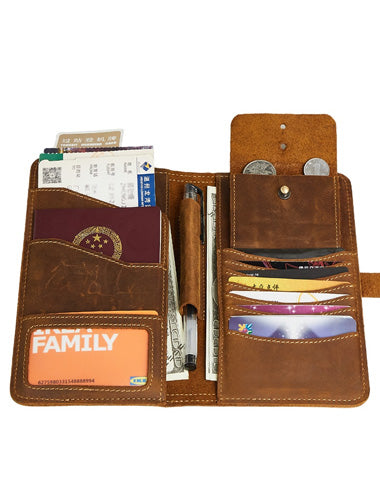Leather Long Wallet for Men Vintage Bifold Wallet Passport Travel Wallet