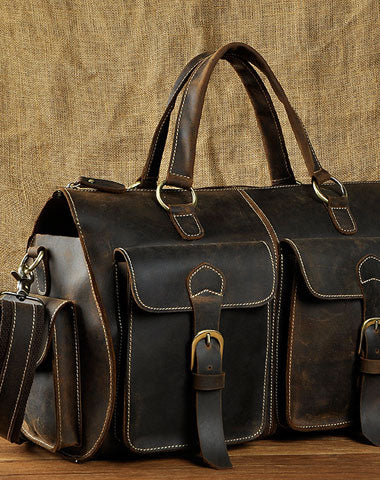 Genuine Leather Mens Vintage Black Coffee Cool Weekender Bag Travel Bag Shoulder Bag for men