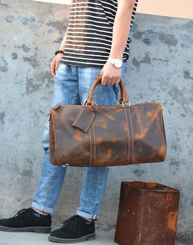 Leather Mens Weekender Bag Vintage Coffee Travel Bag for men