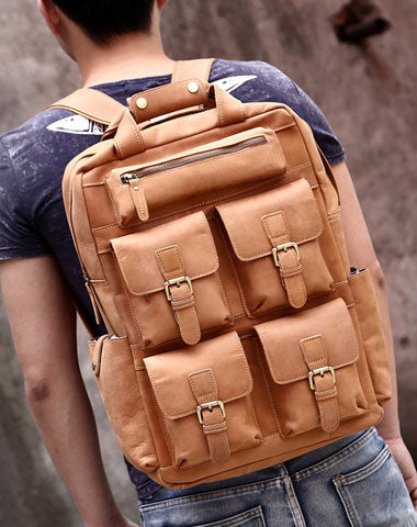 Genuine Leather Vintage Mens Cool Backpack Large Camel Travel Bag Hiking Bag For Men
